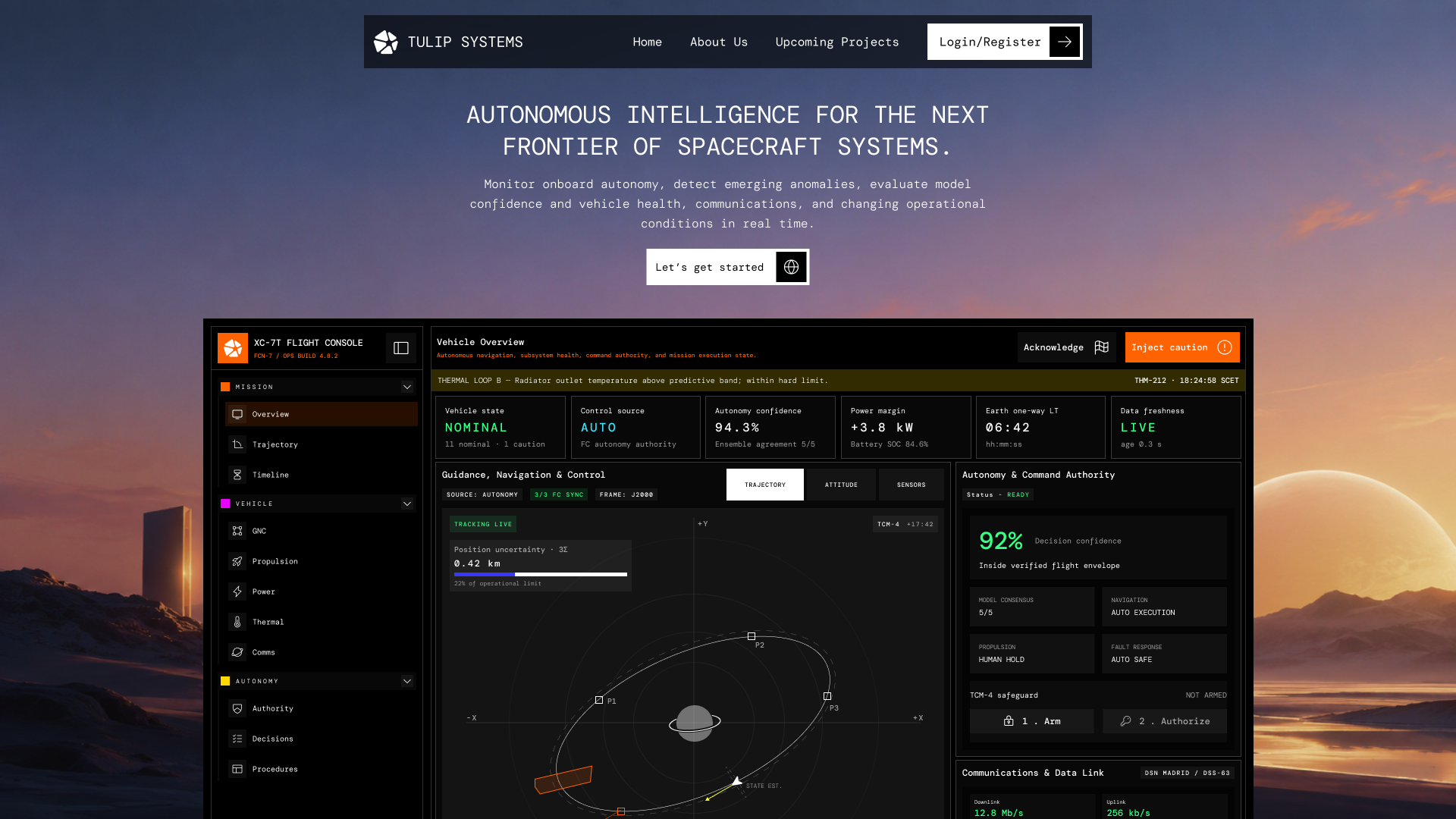 Tulip Systems aerospace website with mission dashboard over a sunset landscape